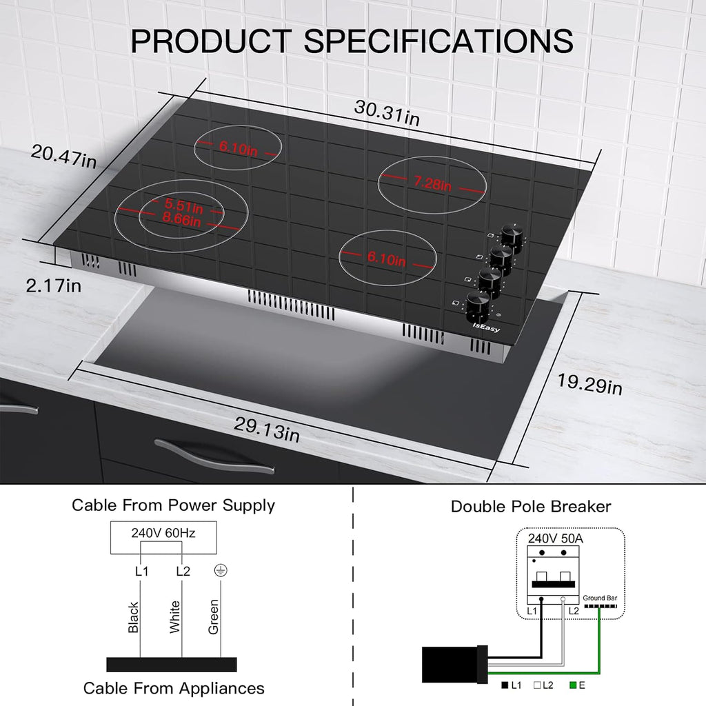 Electric Cooktop 30 Inch, IsEasy 4 Burner Built-In Glass Ceramic Stove Top With Knob Control, 11 Power Levels, Child Safety Lock, Timer, 6700W, 220V