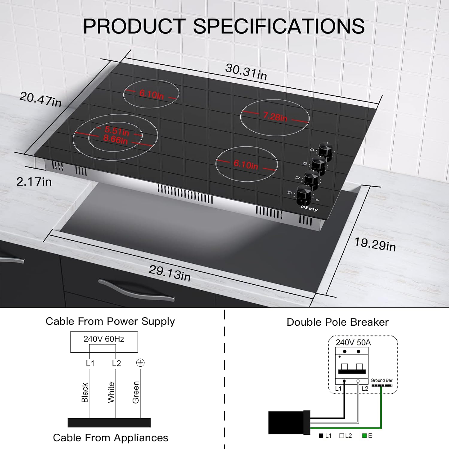 Electric Cooktop 30 Inch, IsEasy 4 Burner Built-In Glass Ceramic Stove Top With Knob Control, 11 Power Levels, Child Safety Lock, Timer, 6700W, 220V