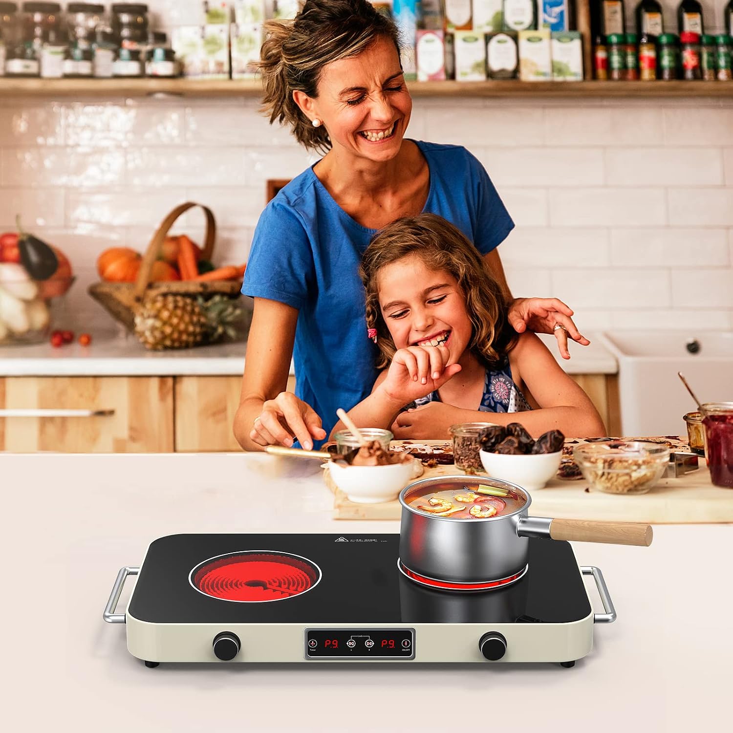 Electric Cooktop, Portable Electric Stove 110V 2 Burners 9 Heating Levels with 2 Handle, 2200W Knob Control Child Safety Lock & Timer (Portable)