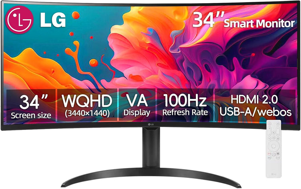 LG 34 Inch WQHD (3440x1440) Curved Smart Monitor, 100Hz, 5ms, HDR10, 99% sRGB, webOS 23, Screen Share, AirPlay 2, Flicker Free, Includes Wireless Screen Mirroring, HDMI, USB-A,Tilt/Height Adjustment