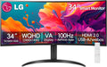 LG 34 Inch WQHD (3440x1440) Curved Smart Monitor, 100Hz, 5ms, HDR10, 99% sRGB, webOS 23, Screen Share, AirPlay 2, Flicker Free, Includes Wireless Screen Mirroring, HDMI, USB-A,Tilt/Height Adjustment