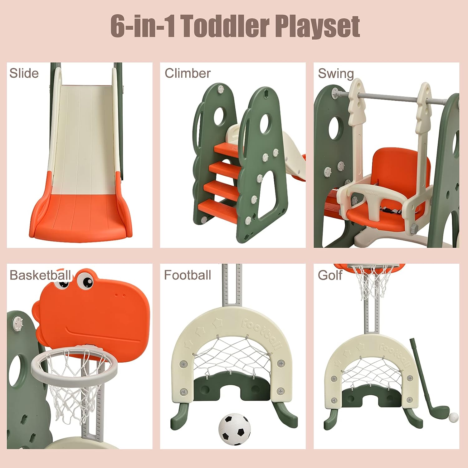 Costzon 6 in 1 Toddler Slide and Swing Set, Kids Large Climber Slide Playset with Basketball Hoop, Football Gate and Golf Hole, Playground Swing Set for Indoor Outdoor Backyard 2-12 Gifts Presents