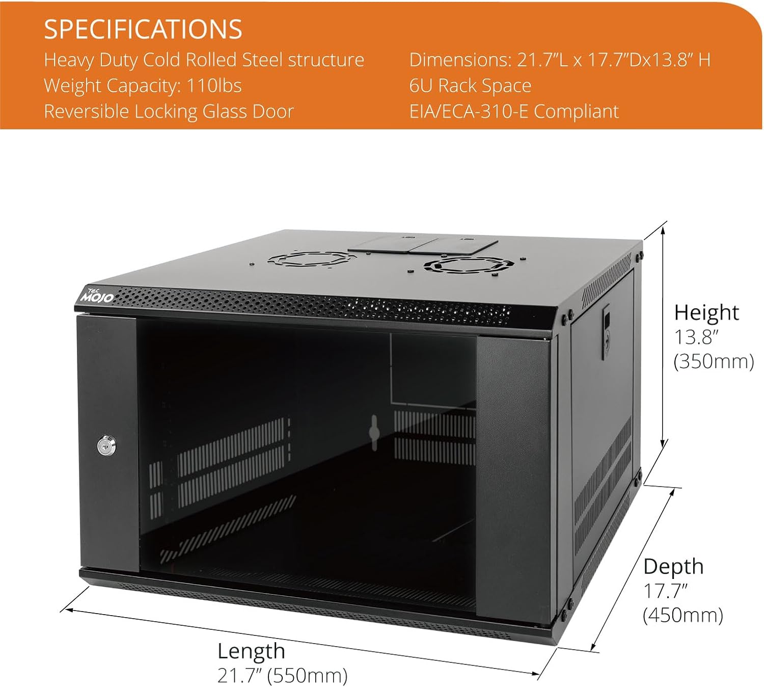Tecmojo 6U Wall Mount Server Cabinet IT Network Rack Enclosure Lockable Door and Side Panels Black, Cooling Fan, Standard Glass Door, 450mm Depth, for 19' IT Equipment, A/V Devices