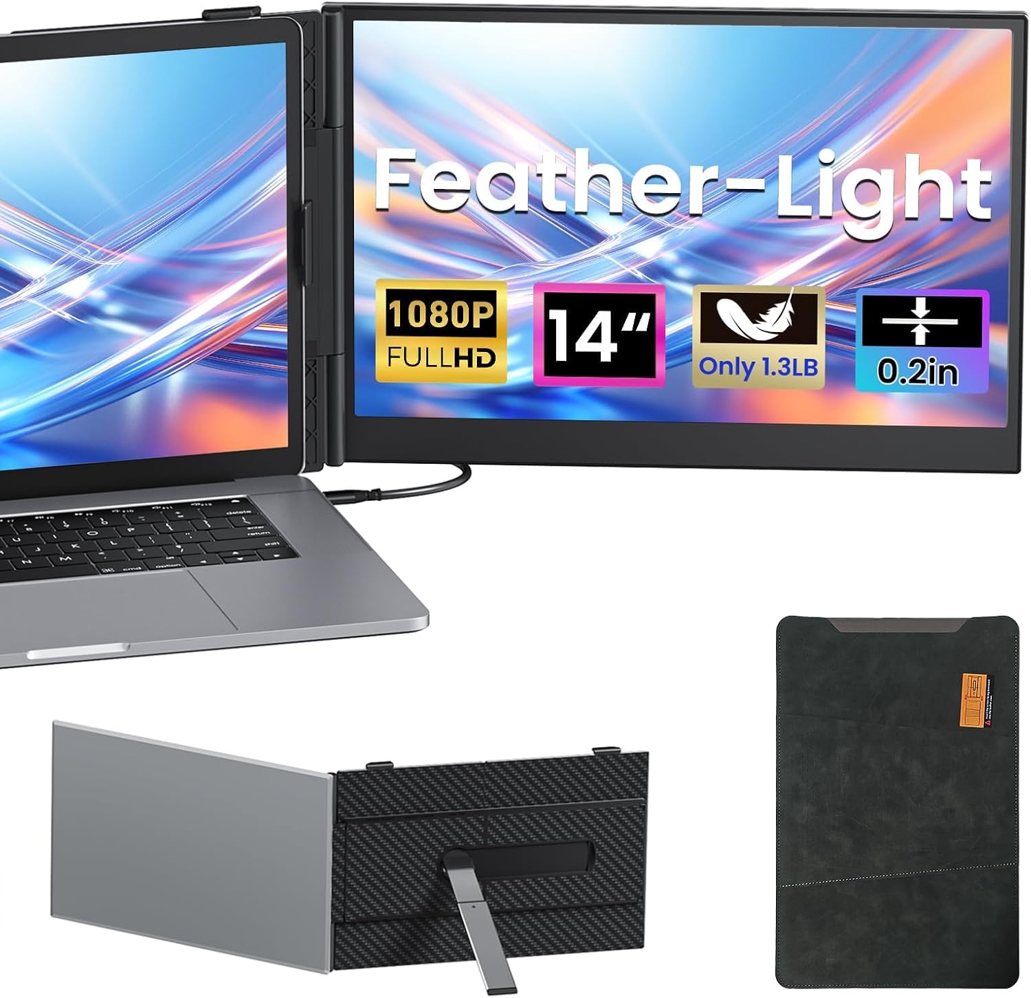 Vixtan 1.3lbs Ultra-Light Laptop Screen Extender, 14' FHD 1080P Portable Dual Monitor, Ultra-Thin Plug & Play for 13'-17' Laptops
