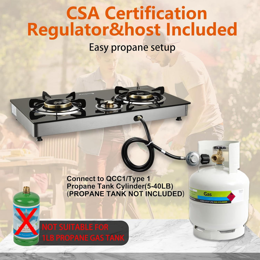 3 Burner Propane Gas Stove with Auto Ignition, 34000 BTU High-Efficiency Heavy-Duty Tempered Glass Cooktop, CSA Regulator & Hose Included, for Outdoor Camping Emergency