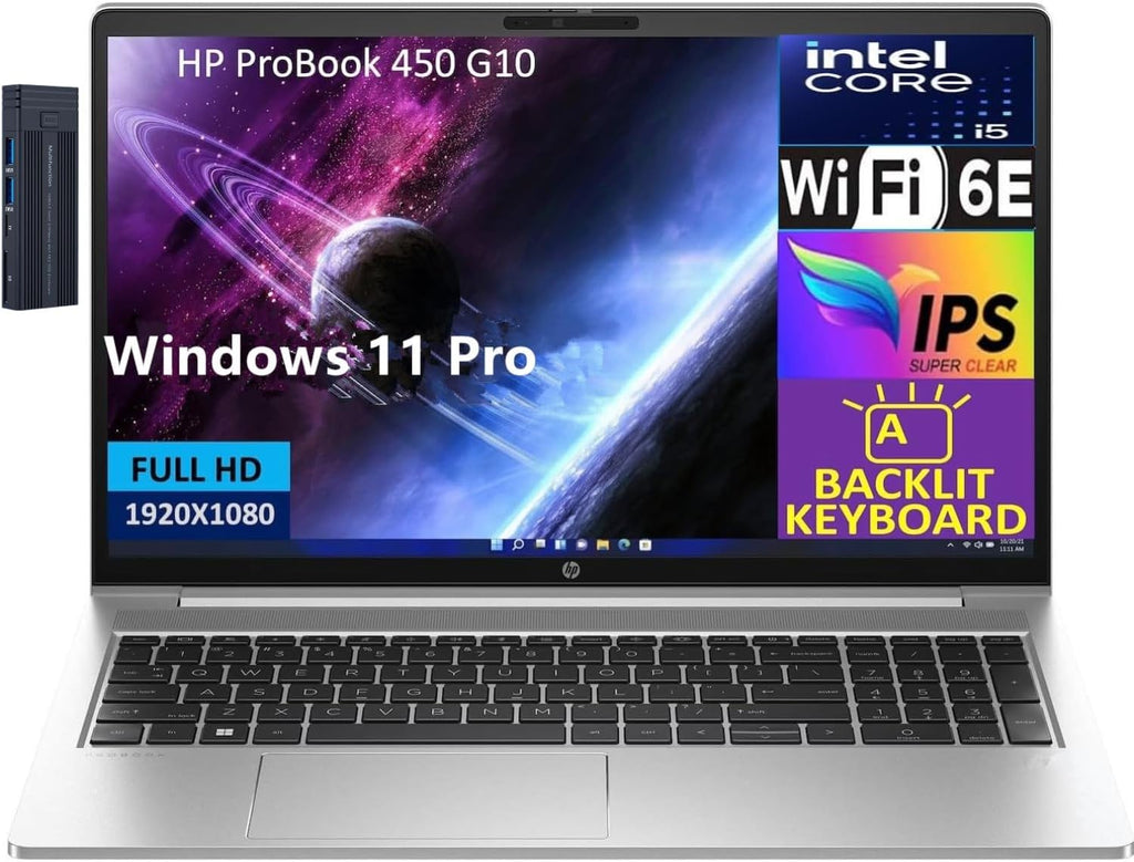 HP ProBook 450 G10 15.6' IPS FHD Laptop, Intel Core i5-1334U (Beats i7-1255U) Processor, 16GB RAM 256GB SSD, Backlit Keyboard, Wi-Fi 6E, Bluetooth 5.3, Webcam, HDMI, Windows 11 Pro, Silver