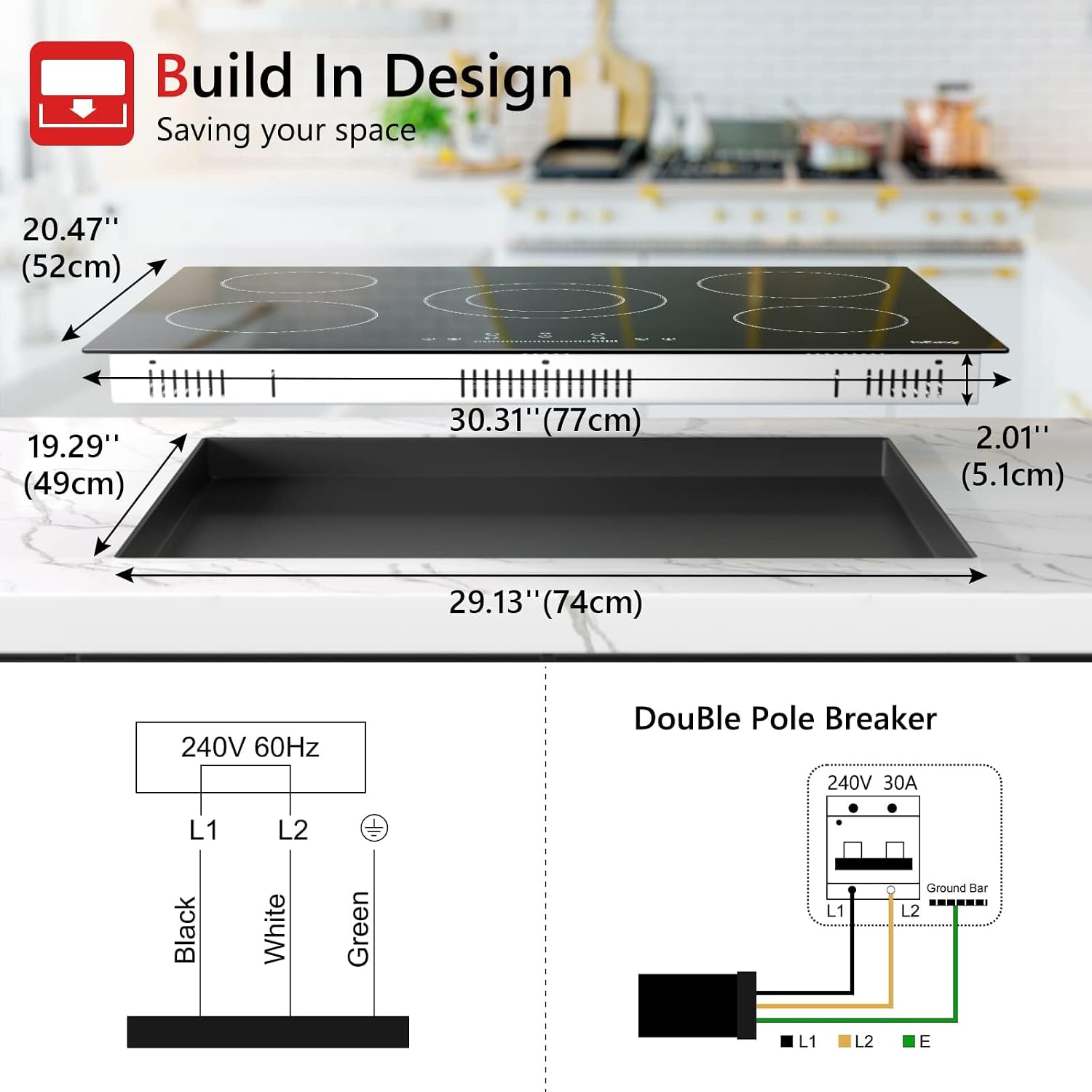 Electric Cooktop 30 Inch 5 Burner, 8200W Electric Stove Glass Ceramic Stove with 9 Power Levels,Timer Pause, Slide Touch Sensor Control, 220-240V Built-in Countertop Burners Cooker