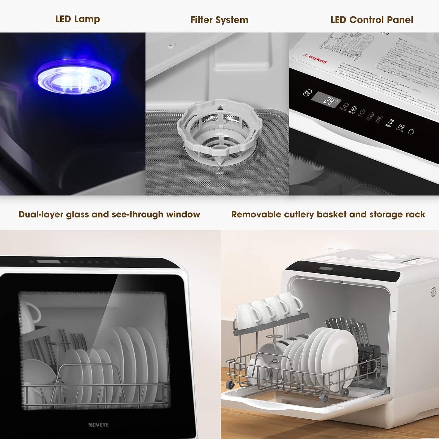 NOVETE Portable Countertop Dishwashers, Compact Dishwashers with 5L Built-in Water Tank & Inlet Hose, 5 Washing Programs, Baby Care, Air-Dry Function and LED Light for Small Apartments