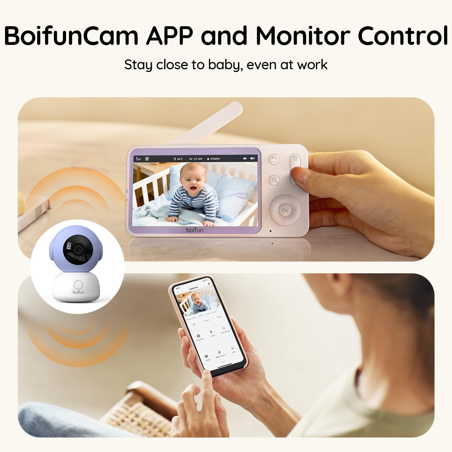 BOIFUN 2K Split Baby Monitor with 2 Cameras,Smartphone App, Wi-Fi Cameras,5-inch Display, Motion Tracking, Encrypted Connection, Night Vision, Long-Range 2-Way Talk, Temp Sensor