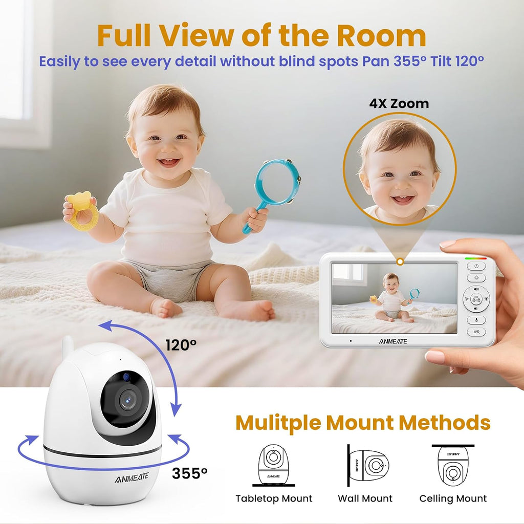 ANMEATE 5' Split Screen Baby Monitor with 2 Cameras, No WiFi Secure FHSS, Remote PTZ, 1000ft Range, 30-Hour Battery, Auto Night Vision, Room Temperature, Two-Way Audio Intercom