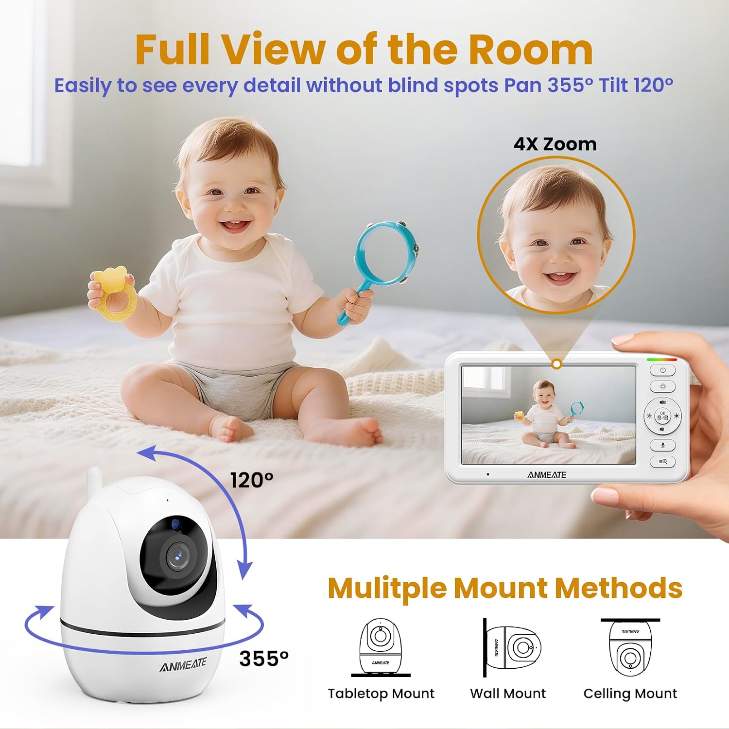 ANMEATE 5' Split Screen Baby Monitor with 2 Cameras, No WiFi Secure FHSS, Remote PTZ, 1000ft Range, 30-Hour Battery, Auto Night Vision, Room Temperature, Two-Way Audio Intercom