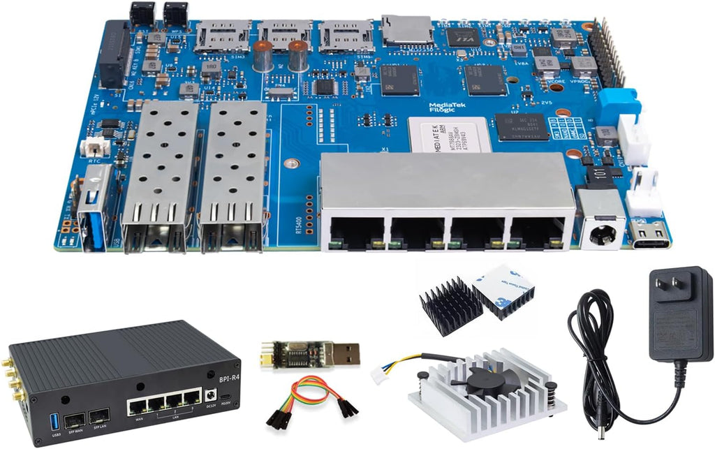 Banana Pi BPI-R4 WiFi 7 OpenWRT Wireless Dual-Band WiFi Router Board, MediaTek MT7988A (Filogic 880) SoC, 4G/5G Internet Router, 4X GbE and 2X 10GbE SFP for NAS Smart Home Gateway (8GB RAM Bundle2)