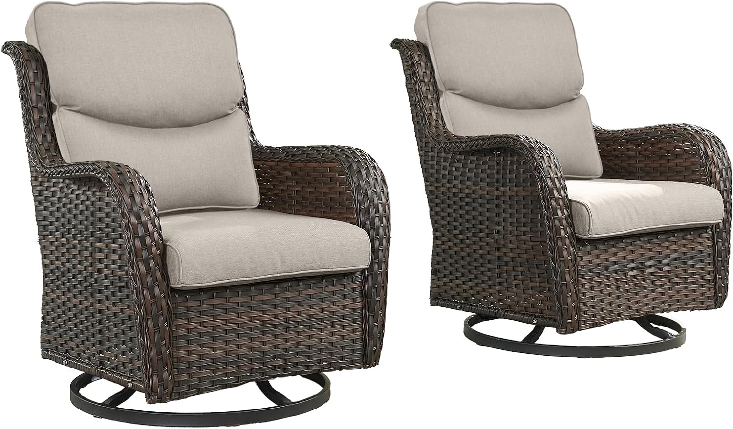 Rilyson Wicker Rocking Chair Swivel Chairs - 2 Piece Rocker Patio Chairs Set Rattan Rocking Chair for Outdoor Porch Deck Garden Backyard (Brown/Beige/Smile)