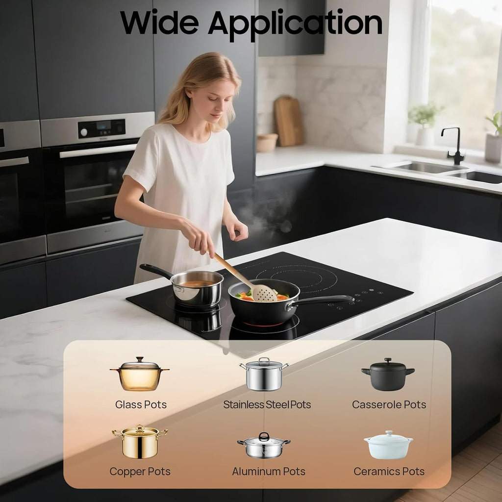 Electric Ceramic Cooktop, 3 Burners Radiant Electricing Stove Top with Plug, Child Safety Lock, Sensor Touch Control, 9 Heating Levels Cooker for Kitchen (3 Burners Electric Ceramic Cooktop)