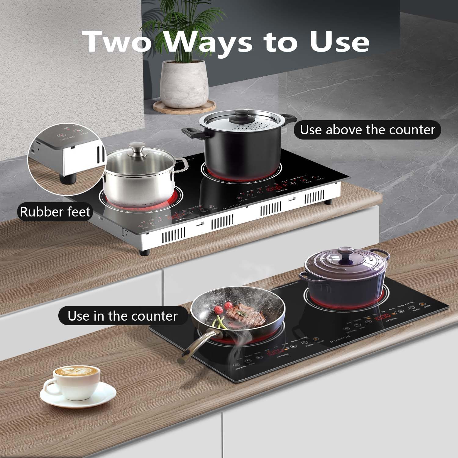 Noxton 2 Burners Electric Cooktop, 24' Built-in & Countertop Stove, Two Burner Ceramic Cooktop with Child Safety Lock, Timer, Touch Sensor Control, Portable 110V Plug-in Cooktop
