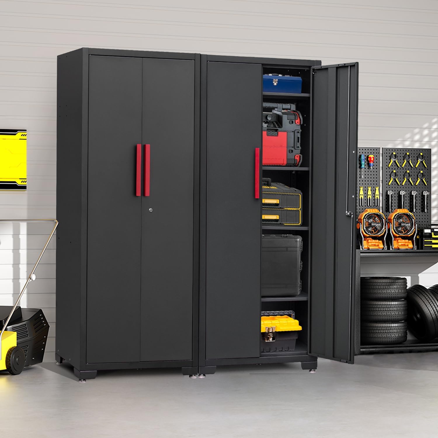 Metal Garage Storage Cabinet with 4 Adjustable Shelves and Locking Doors 75-inch Tall Tool Organizer Steel Lockers for Home, Office, Warehouse, Garage, Red (Assembly Required)