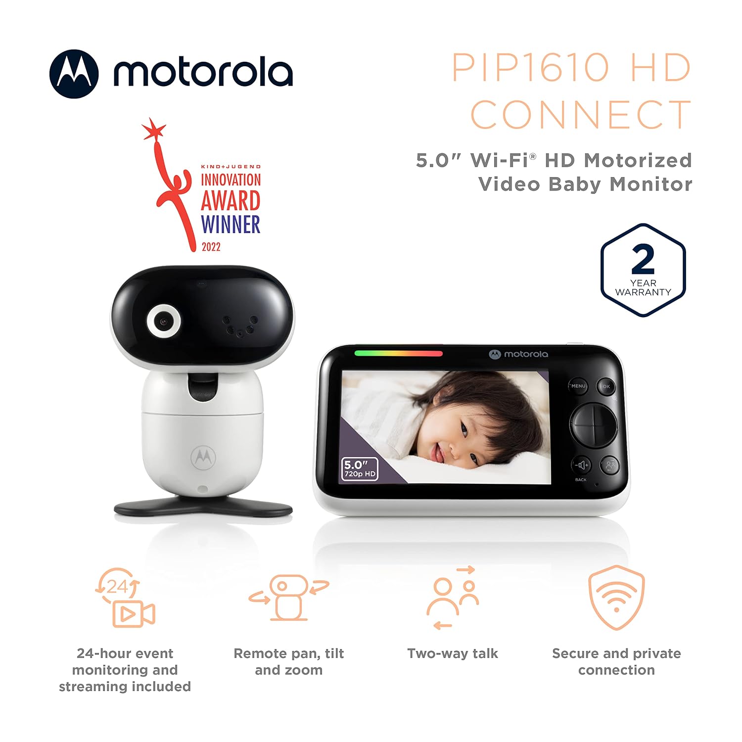 Motorola Nursery WiFi Baby Monitor with Camera, 5' Screen, Wall Mount, Long Range, 2-Way Audio, Temperature Sensor, Motorized, Lullabies, PIP1610 HD Connect