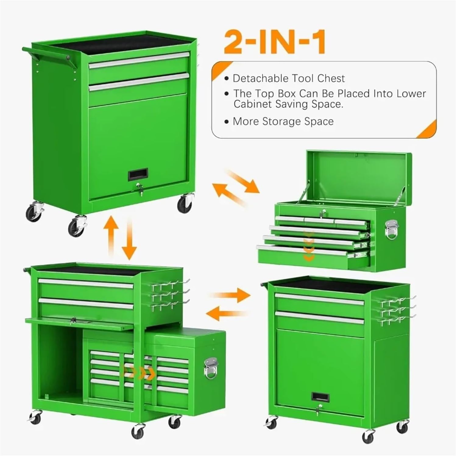 Multifunctional Rolling Tool Chest, 8-Drawer Tool Box, 2 in 1 Detachable Tool Chests & Box, Portable Steel Tool Cabinets w/Lockable Wheels & Sliding Drawers for Warehouse, Garage for Garage