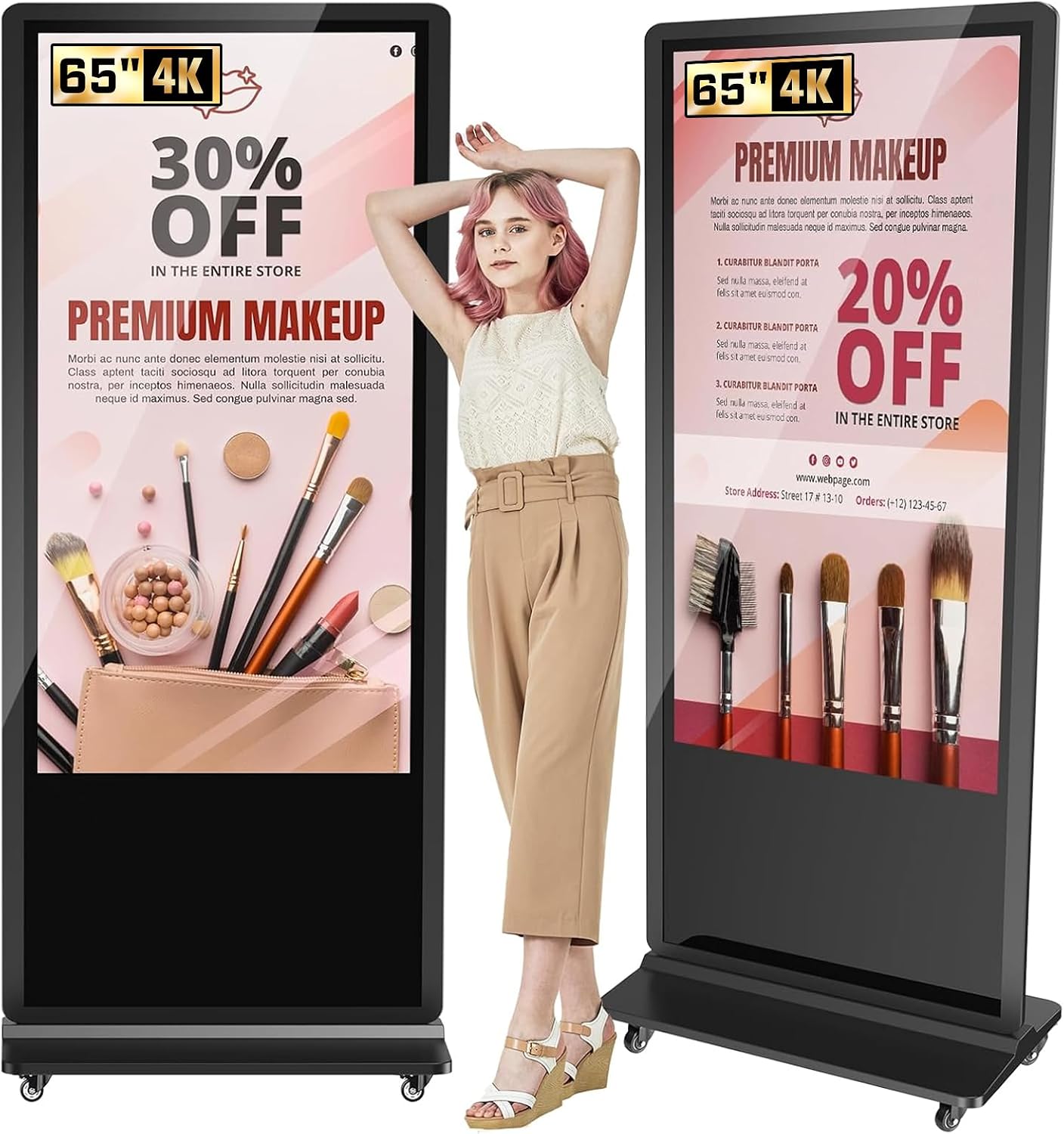 32/43/55/65 Inch Digital Signage Display, LCD Screen Advertising Display Kiosk Interactive Totem Floor Standing Auto AD Player with USB/HDMI/WiFi Android OS (65'' Touch Screen)