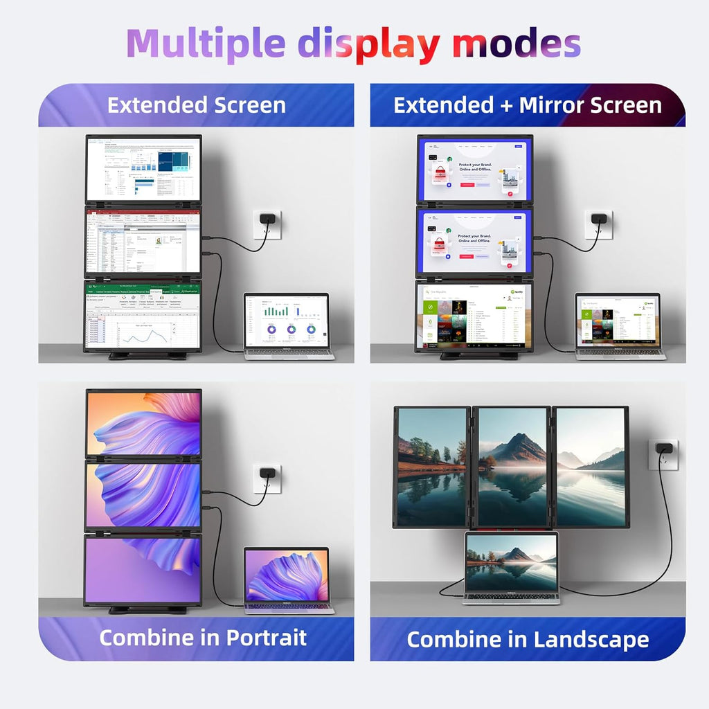 Quad Laptop Screen Extender, 15.6' FHD 1080P Quad Monitor, Combine into One 30' Screen (Landscape/Portrait), Just 1 Cable for 3 Screens, Driver Required, Compatible with Wins & Mac(M1/M2/ M3/M4/M5)
