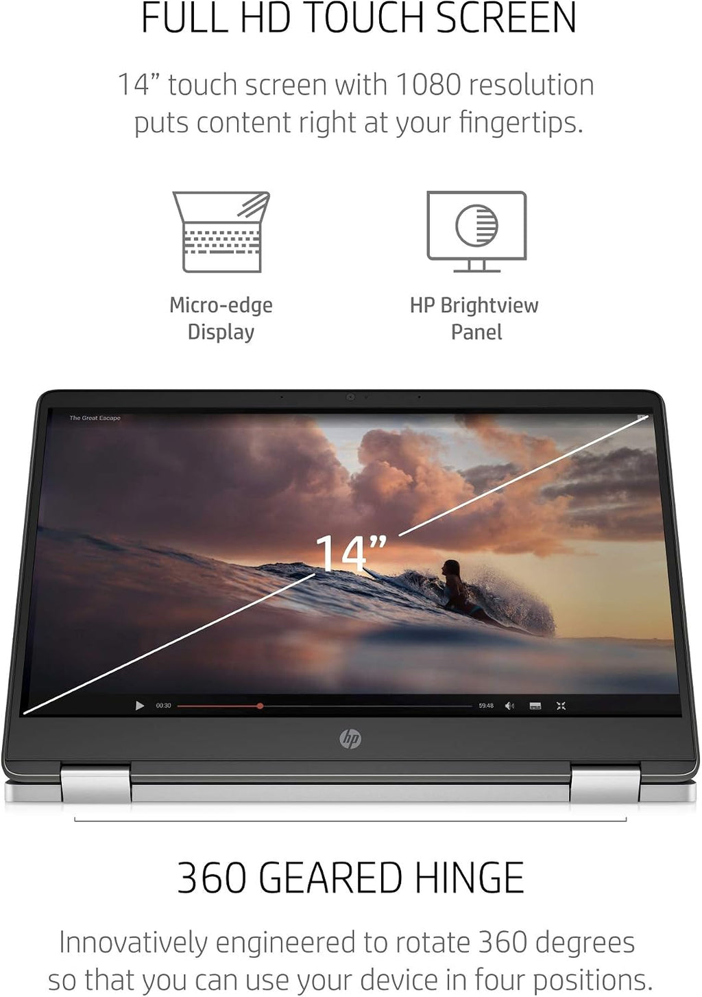 HP Chromebook x360 14a Laptop - Dual Core Intel Celeron N4020-4 GB RAM - 32 GB eMMC Storage - 14-inch HD Touchscreen - Google Chrome OS - Lightweight and Long Battery Life (14a-ca0010nr, 2020)