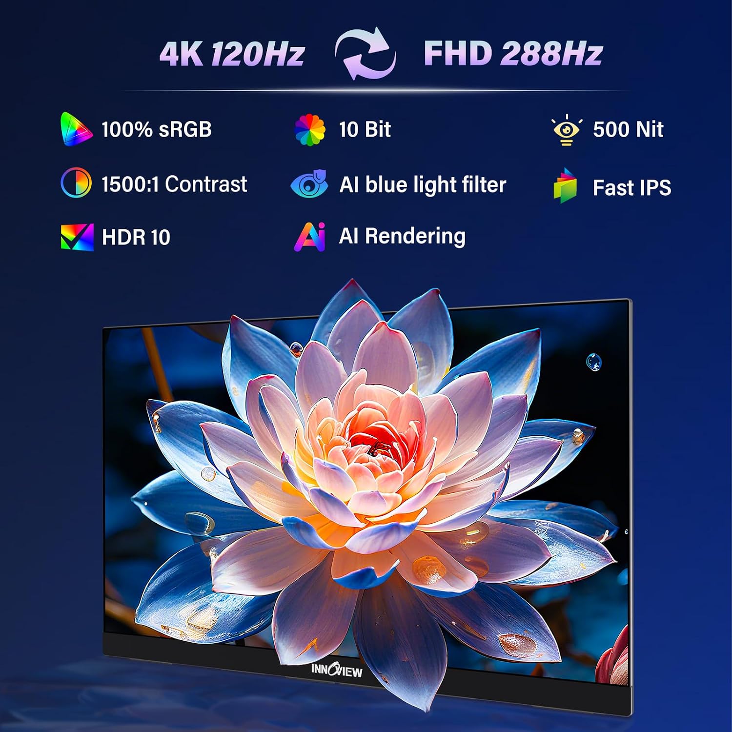 InnoView 27 Inch Monitor Dual Mode 4K UHD 120Hz/FHD 288Hz Portable Monitor for Laptop, USB-C, HDMI Computer Display HDR IPS Gaming Monitor, Kickstand, Speakers, for PC, MAC, Phone, PS4, Xbox, Switch