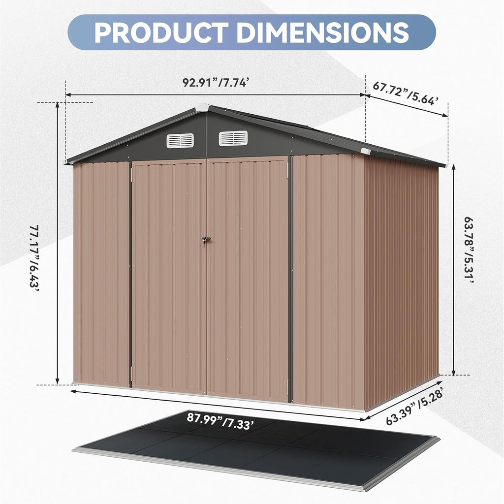 8x6 Galvanized Metal Shed with 15mm Moisture-Proof Floor – Heavy Duty Outdoor Storage Shed, Double Doors & Sloped Roof, Ventilation Design for Bike, Generator, Garden Tools (8x6 with Floor)