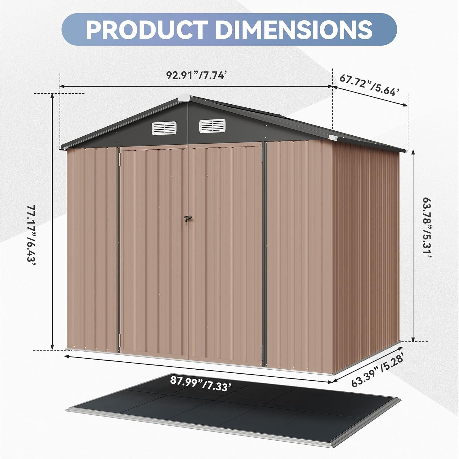 8x6 Galvanized Metal Shed with 15mm Moisture-Proof Floor – Heavy Duty Outdoor Storage Shed, Double Doors & Sloped Roof, Ventilation Design for Bike, Generator, Garden Tools (8x6 with Floor)