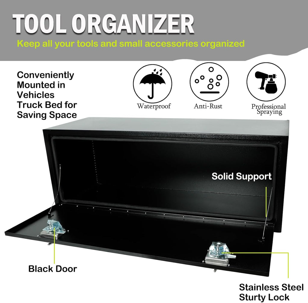 48 Inch Underbody Truck Tool Box Steel Storage Tool Box For Truck Under Bed Pickup RV Trailer, Waterproof Black Steel Box with Lock and Keys, 48'x 14'x 16' inch