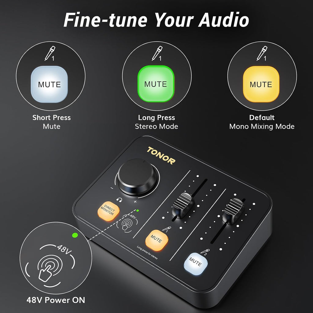 TONOR Podcast Equipment Bundle for 2, Audio Mixer with Dynamic Microphone and Boom Arm Set, XLR Mic with Studio Audio Interface, Boom Arm, All-in-One Pack for Recording, Podcasting, Streaming, POD-2