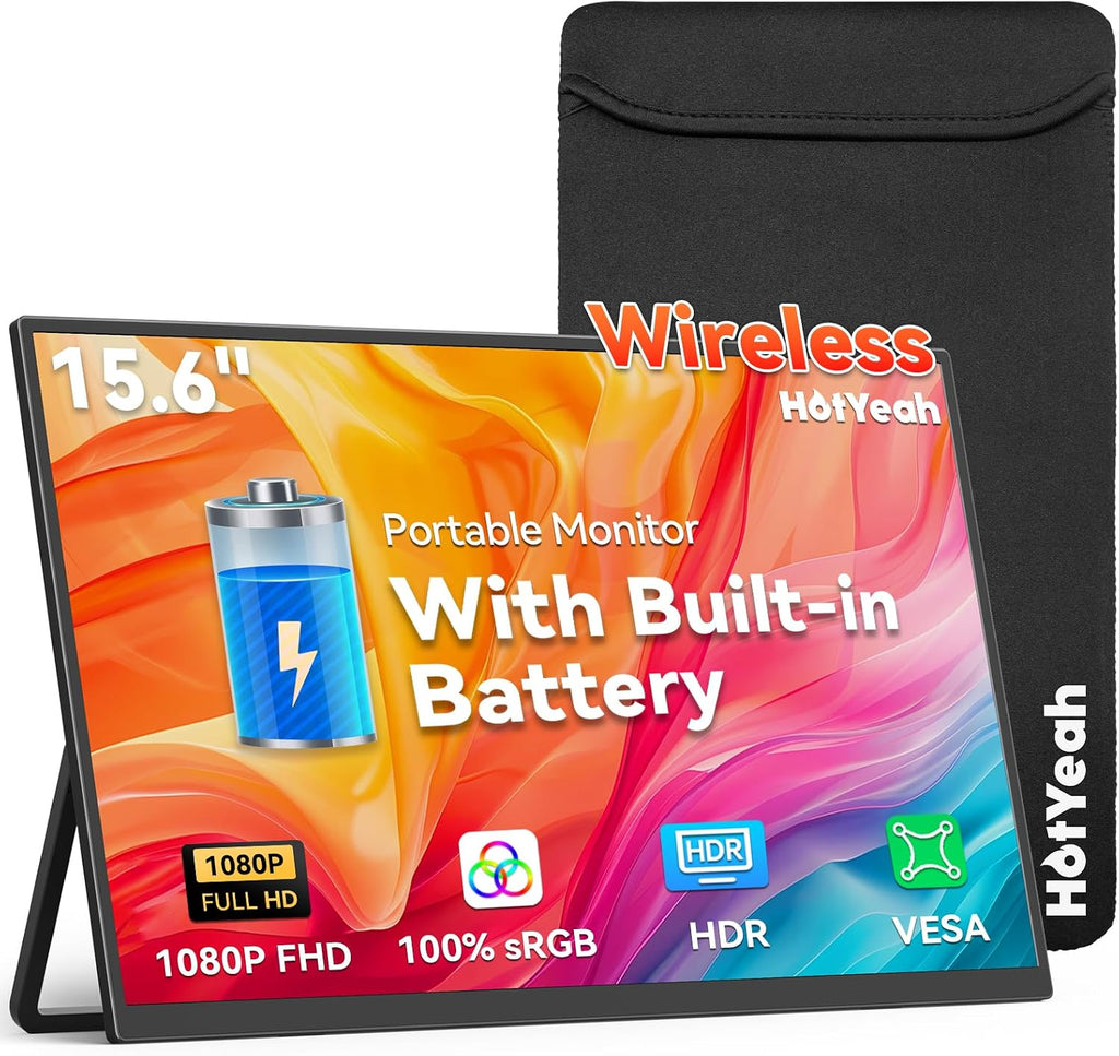 15.6' Wireless Portable Monitor Battery-Powered, Support AirPlay Miracast, 1080P IPS Monitor USB-C HDMI External Display, 2nd Screen for Laptop MacBook PC Phone Tablet, w/Built-in Battery(4- 5H)