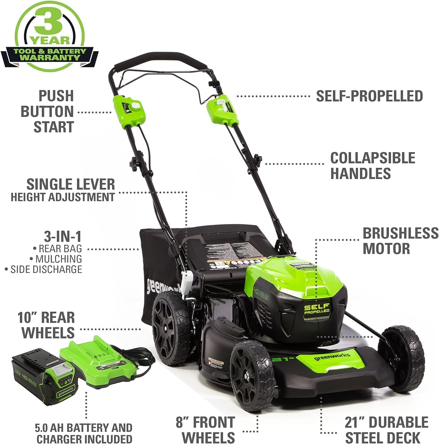 Greenworks 40V 21' Self-Propelled Lawn Mower,Axial Leaf Blower(500 CFM / 120 MPH),13' String Trimmer with 2 Batteries(5Ah+2Ah) & Chargers