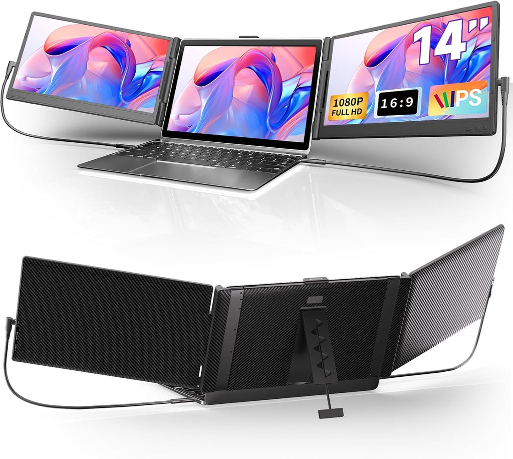 Triple Laptop Screen Extender, Upgraded 14' 1080P FHD IPS Laptop Monitor Extender, Plug & Play LCD Type-C/USB-A/HDMI Travel Monitor for Laptops 13'-17', Fits Windows Mac Linux Chrome