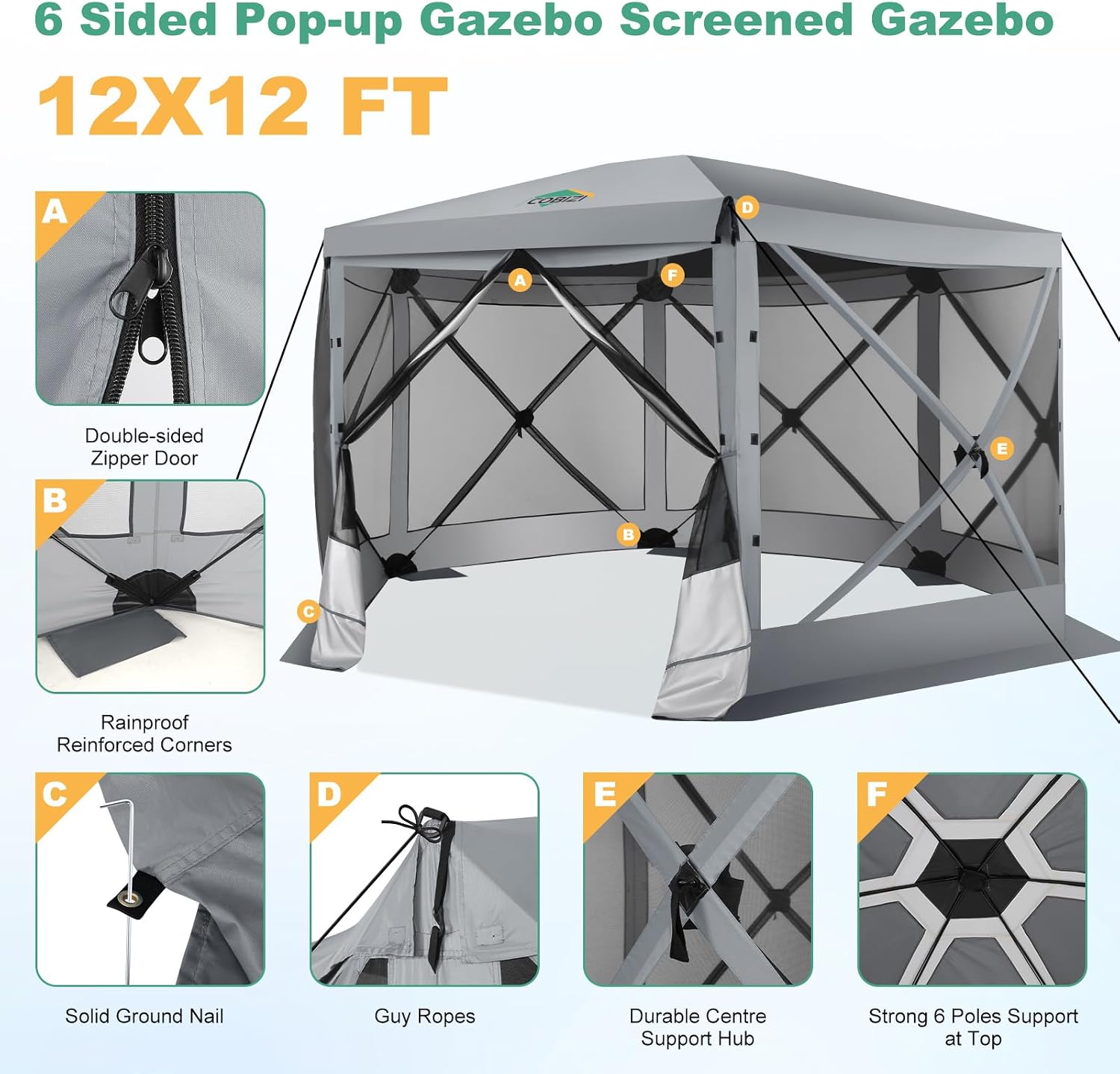 COBIZI 12x12 FT Pop Up Canopy Extendable Tent, Gazebos On Clearance With Removable Roof, Screened In Gazebo,Screen Tents Portable carpas para patio for Outdoor Camping,Backyard, Garden, Grey(Upgraded)