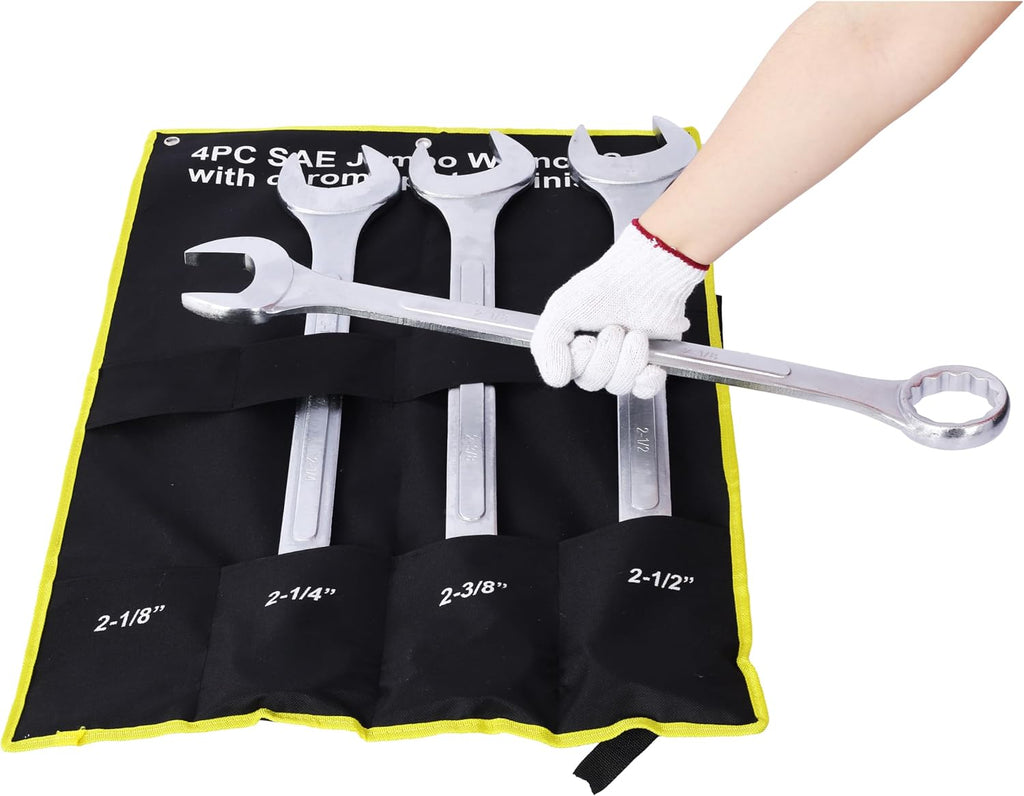 4PC Jumbo Combination Wrench Set, SAE 2-1/8'–2-1/2', Durable Carbon Steel, Chrome Plated Finish for Corrosion Resistance, Includes Storage Bag
