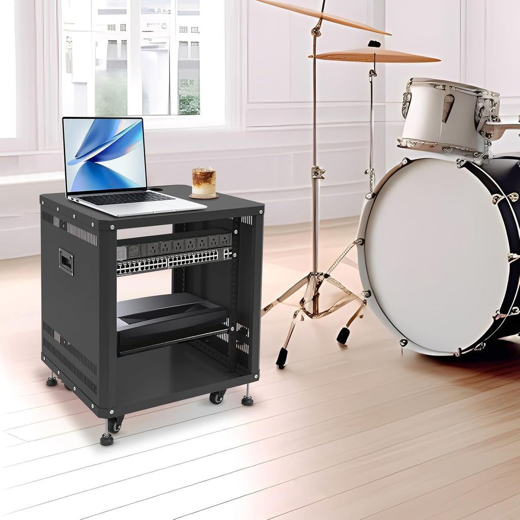 12U Network & Stereo Rack, Steel Open Frame Home Studio Rack with Caster Wheels, Video Stage Stereo Equipment Storage Cabinet Stand On Wheels