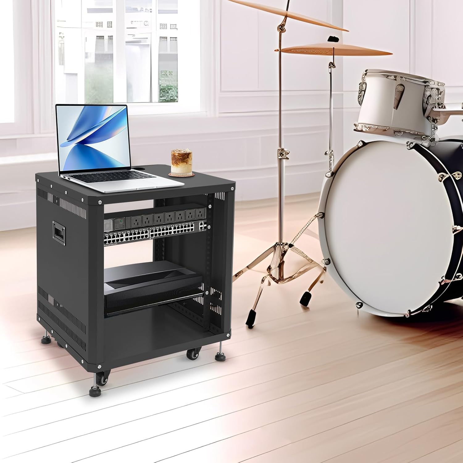 12U Network & Stereo Rack, Steel Open Frame Home Studio Rack with Caster Wheels, Video Stage Stereo Equipment Storage Cabinet Stand On Wheels