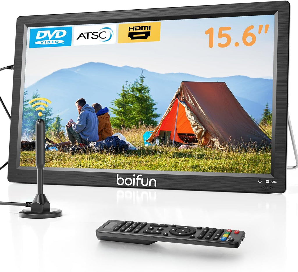 Boifun 15.6' Portable TV with Antenna, DVD Player Built-in, FM Radio, 5000mAh Battery, Support HDMI Input/USB/TF/AV Out and Multiple Disc Formats, Small TV DVD Combo for Camping Patio RV Kitchen,Black