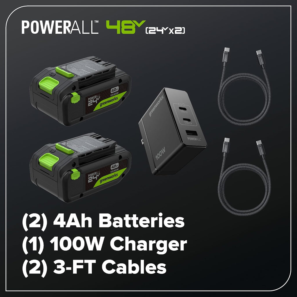 Greenworks 48V (24V x 2) 16' Brushless String Trimmer, 0.095' Dual Line, Quick Load, Bump Feed, (2) 4.0Ah Batteries, 100W Type-C Charger, Attachment Capable, 3-Year Warranty