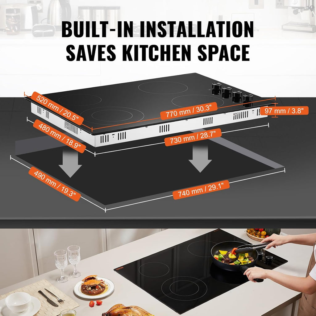 VEVOR Electric Ceramic Cooktop, Built-in Electric Stove Top, with Glass Panel, Knob Control, 11 Heat Levels, for Diverse Cooking Requirements (30inch-4burners/220V)