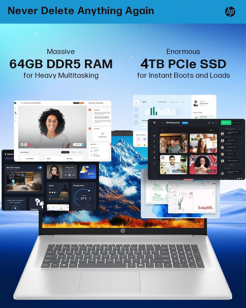 HP Business Touchscreen Laptop 17 inch, Intel Ultra 7 255U, Intel AI Boost (12 NPU TOPS), 64 GB DDR5, 4 TB SSD, 17.3' HD+ Touchscreen, Backlit Keyboard, Wi-Fi 6, Copilot, Windows 11 Pro, w/Accessories