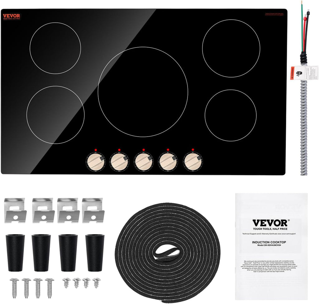 VEVOR SK-92IHA36CK04 9200W Electric Countertop Burner Knob Control Stove, Built-in Induction Cooktop with 12 Temperature Settings, Glass Surface, Auto Shut-Off, 36in 5 Burners/220V, Black
