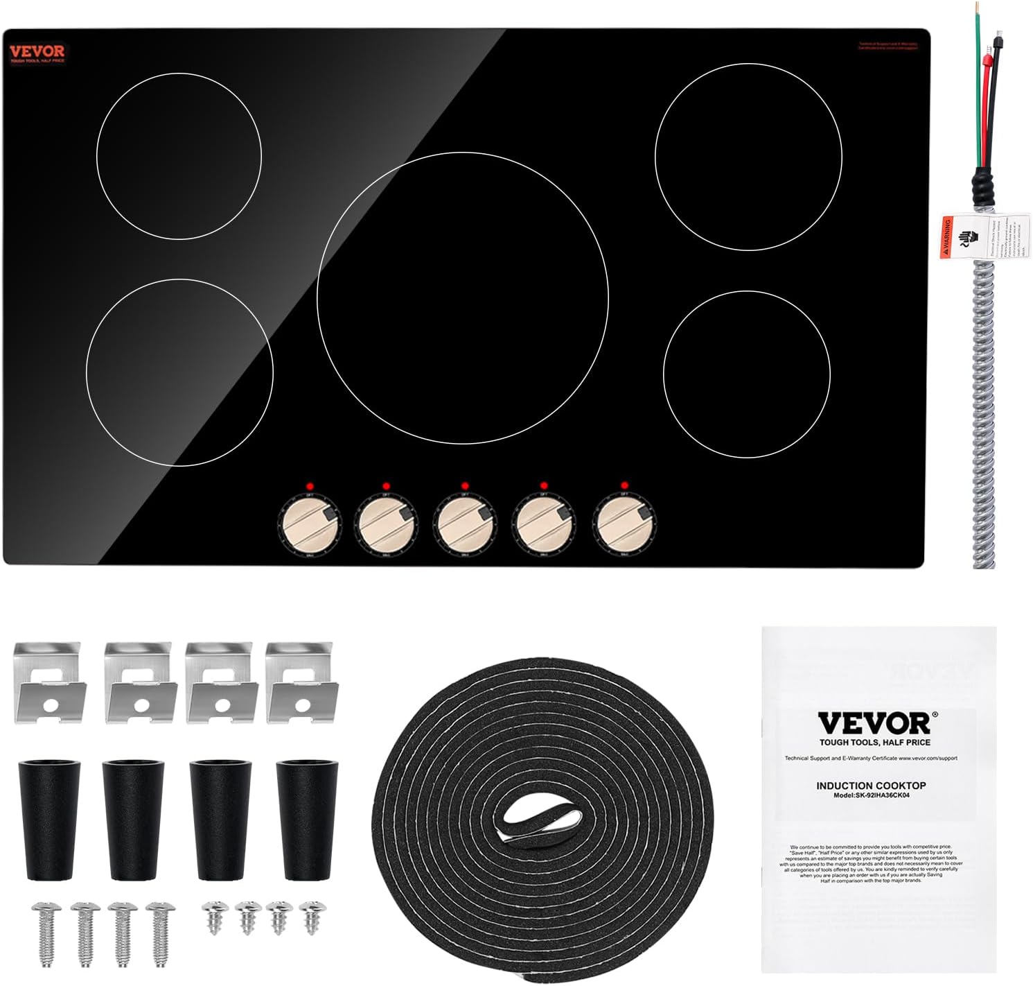VEVOR SK-92IHA36CK04 9200W Electric Countertop Burner Knob Control Stove, Built-in Induction Cooktop with 12 Temperature Settings, Glass Surface, Auto Shut-Off, 36in 5 Burners/220V, Black