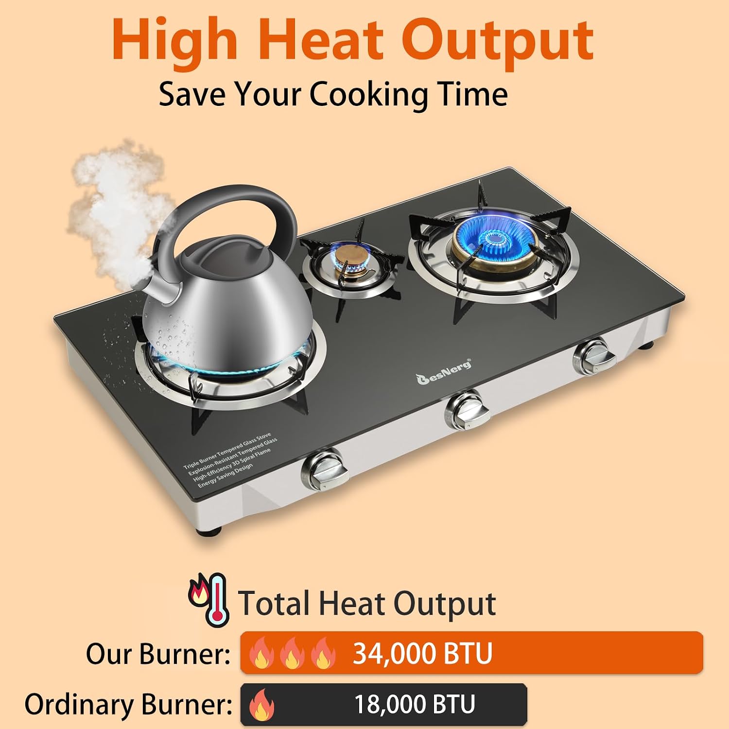 3 Burner Propane Gas Stove with Auto Ignition, 34000 BTU High-Efficiency Heavy-Duty Tempered Glass Cooktop, CSA Regulator & Hose Included, for Outdoor Camping Emergency