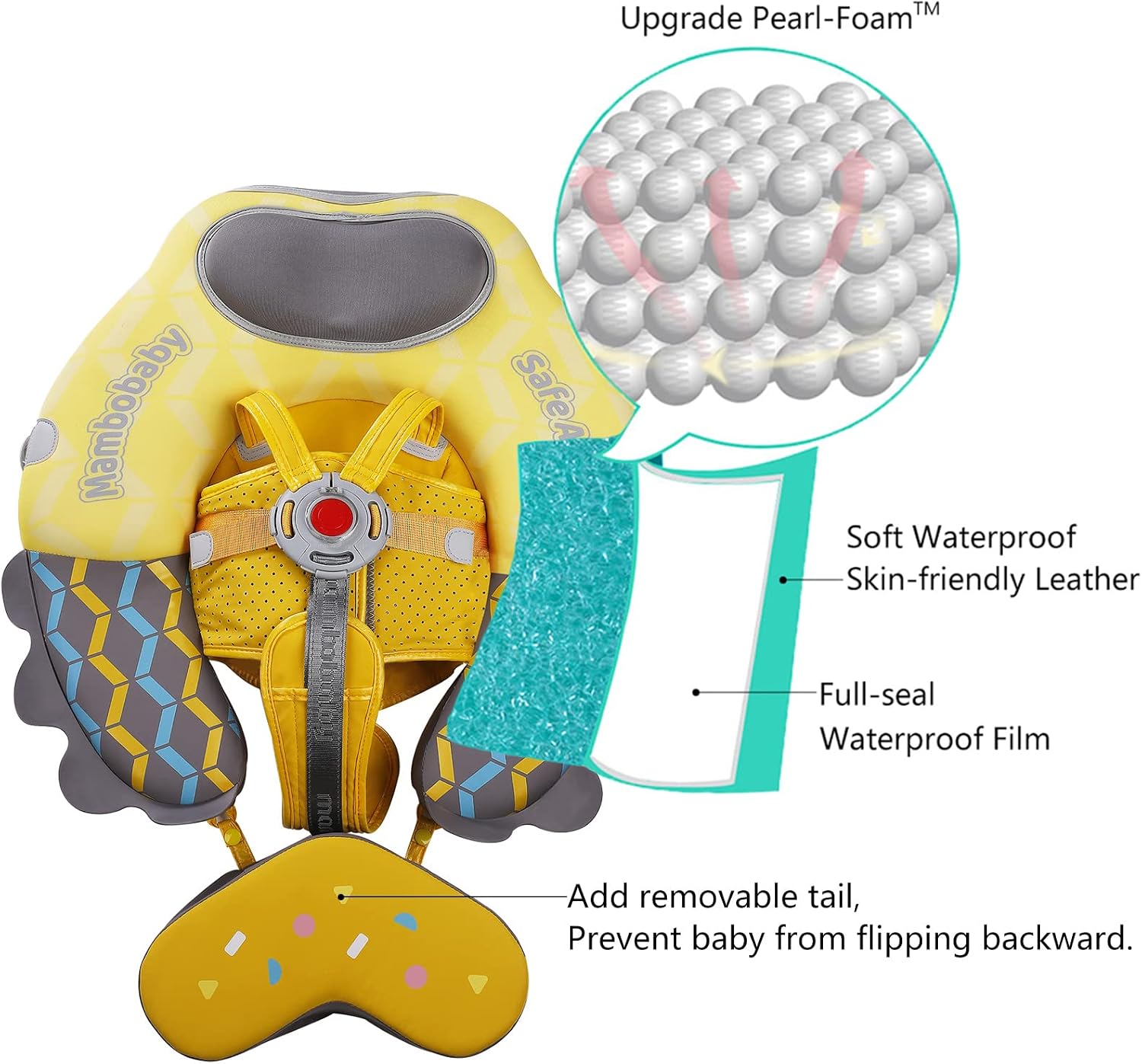 Mambobaby Float Upgrade Add Tail Baby Float with Canopy for Infant Waist Swimming Ring Swim Trainer Non-Inflatable Floats Toys with Adjustable Safety Strap (Yellow - Colorful Fish)