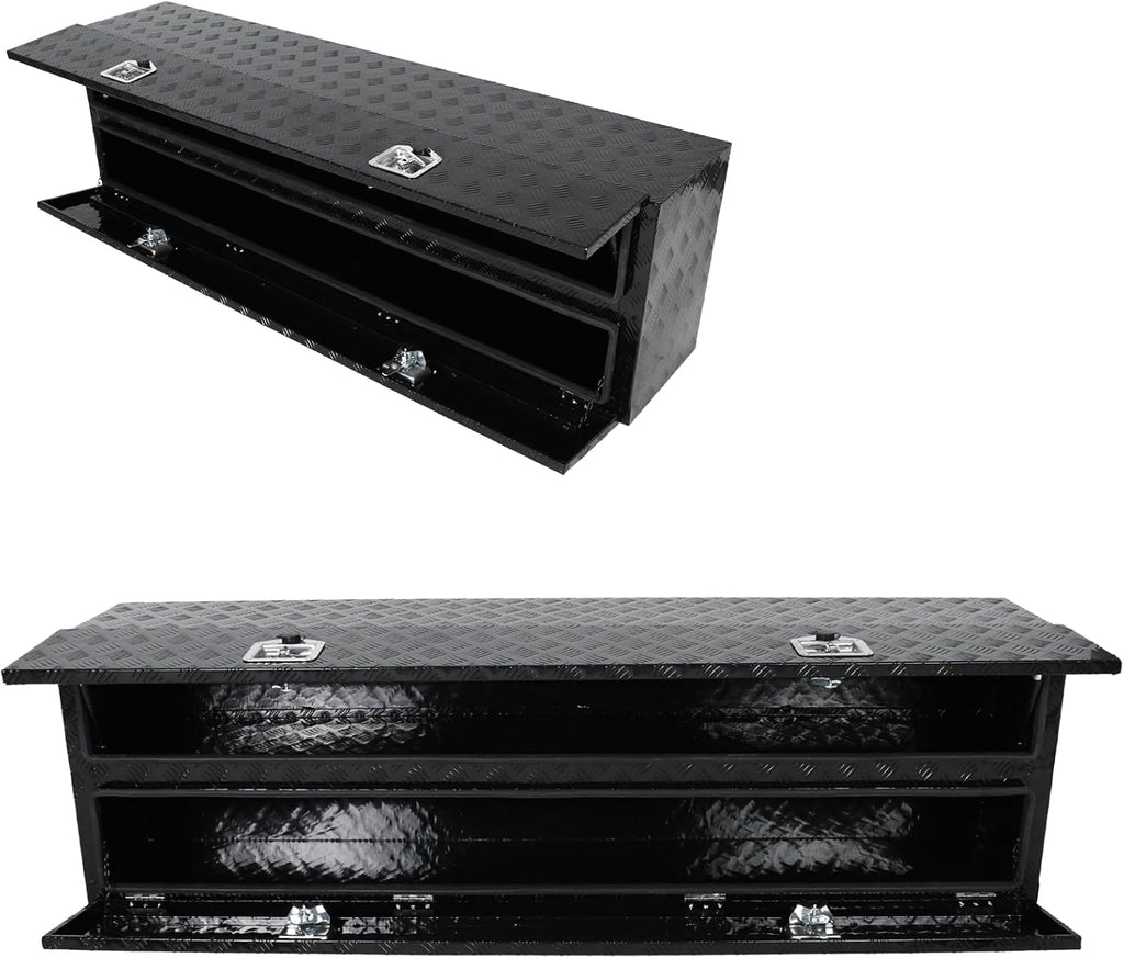 Aluminum Truck Tool Box w/Two Door,5 Bar Tread Truck Storage box w/Lock For Organization,Multifunction Black 72'x21'x15' Truck Toolboxes, For Truck,Trailer,RVs,Toolroom,Garage.