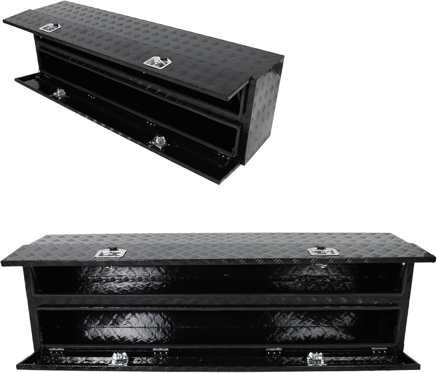 Aluminum Truck Tool Box w/Two Door,5 Bar Tread Truck Storage box w/Lock For Organization,Multifunction Black 72'x21'x15' Truck Toolboxes, For Truck,Trailer,RVs,Toolroom,Garage.