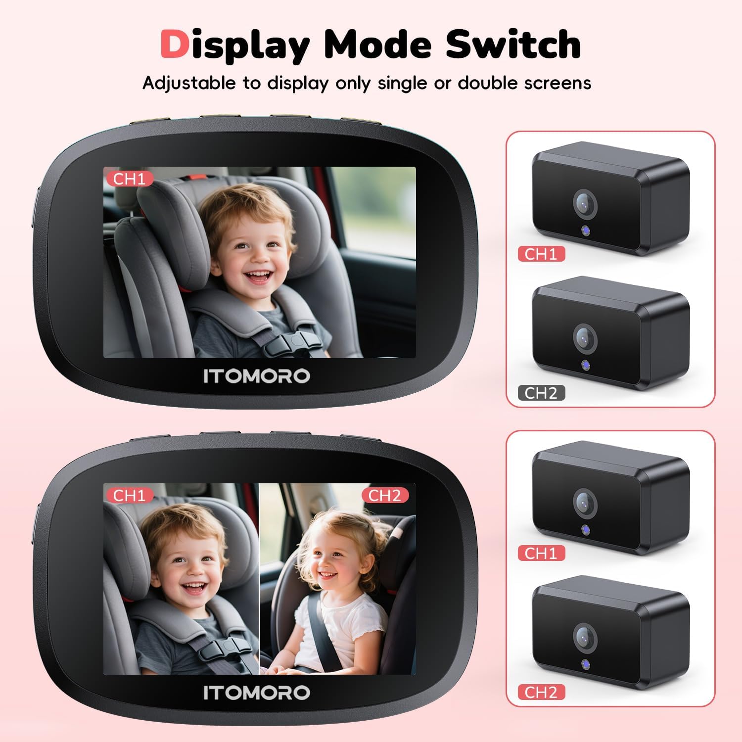 Itomoro Wireless Dual Baby Car Camera for 2 Kids, 5'' Rechargeable Split Screen HD Display with 2 Cameras, Car Monitor for Baby Max Range 1000FT, IR Night Vision, 360° Rotatable Rear Facing Mirrors