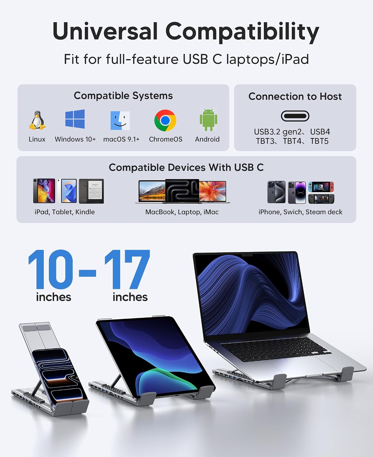 Mukiya USB C Laptop Docking Station Stand 3 Monitors 4K@60Hz, 10 in 1 USB C Hub with Dual HDMI+DP, 2*USB 3.0, PD 100W, USB C 3.0, SD/TF, Dock Station for MacBook Pro/Air/Dell/HP/Surface/Lenovo