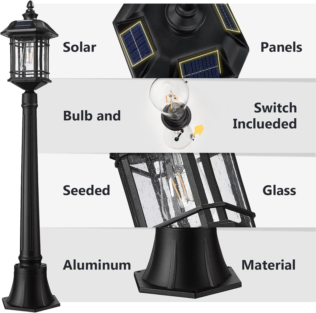 Emliviar Outside Solar Powered Post Light, Black Pathway Light with Remote Control, Dusk to Dawn LED Outdoor Solar Pole Lighting, Bulb Included, Seeded Glass, 2084PL-SL BK